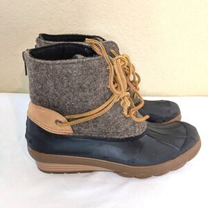 Sperry Saltwater Wool Duck Boots Gray Tan Leather Trim Size 7.5M